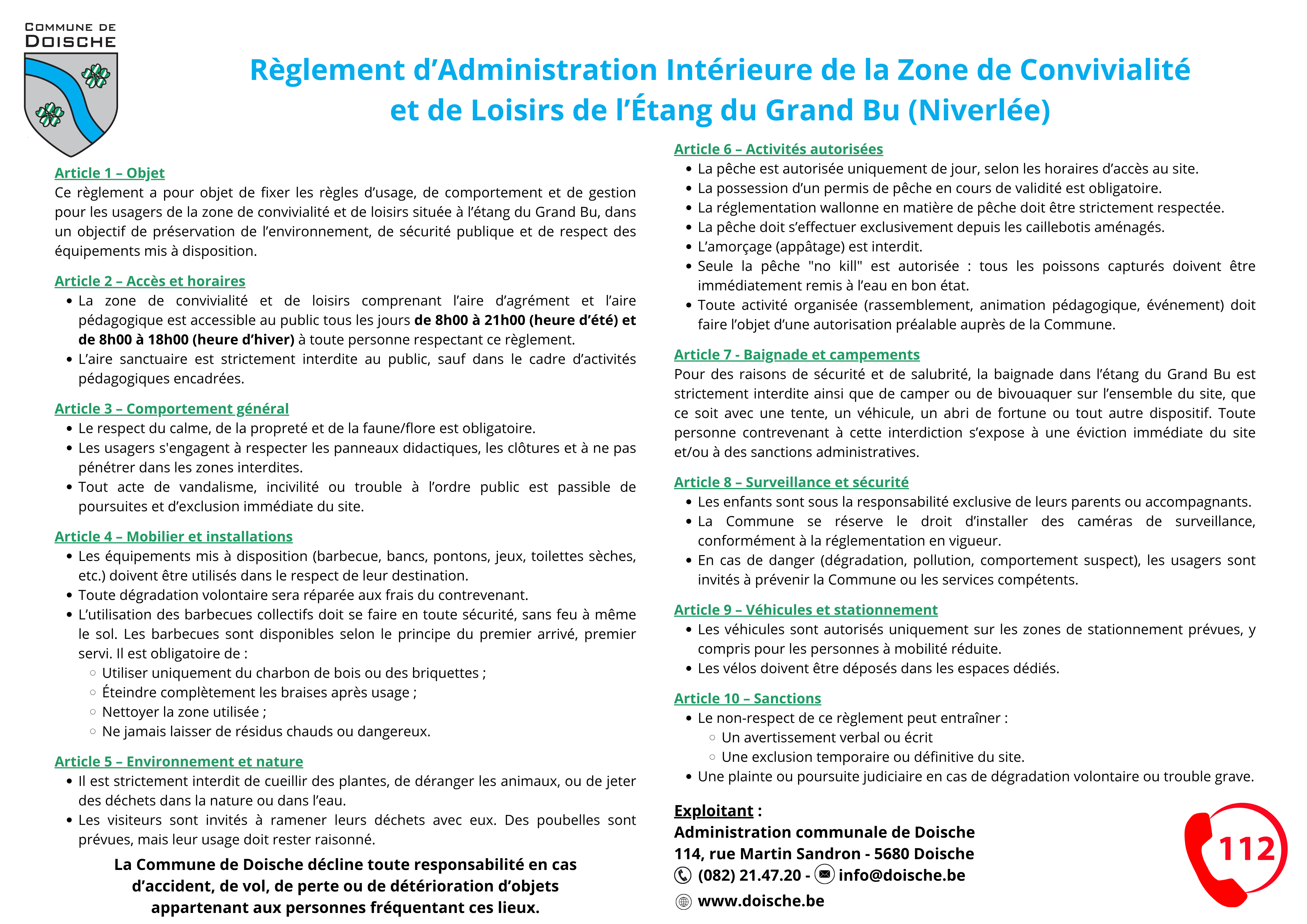 Règlement d’Administration Intérieure de la Zone de Convivialité et de Loisirs de l’Étang du Grand Bu (Niverlée)